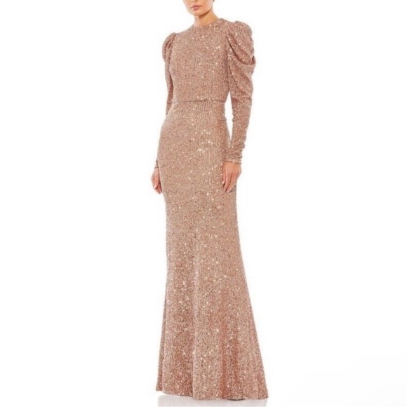 Mac Duggal Sequin High Neck Juliet Puff Long SleeveTrumpet Column Gown Copper